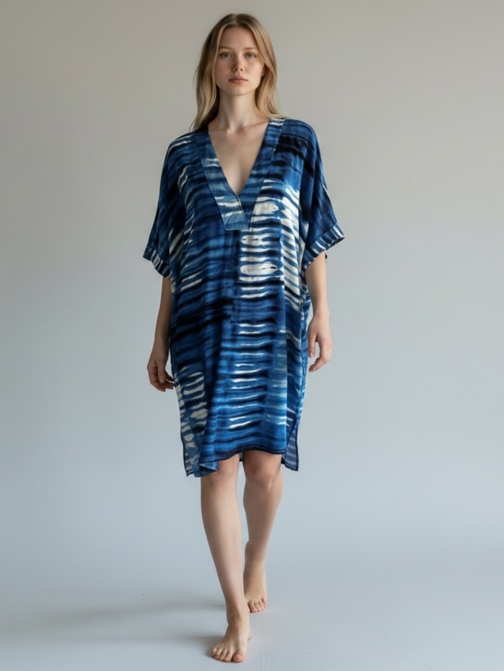 NATORI Blue White Tie-Dye V-Neck Swim Coverup Mini Dress Resort L Pool Beach